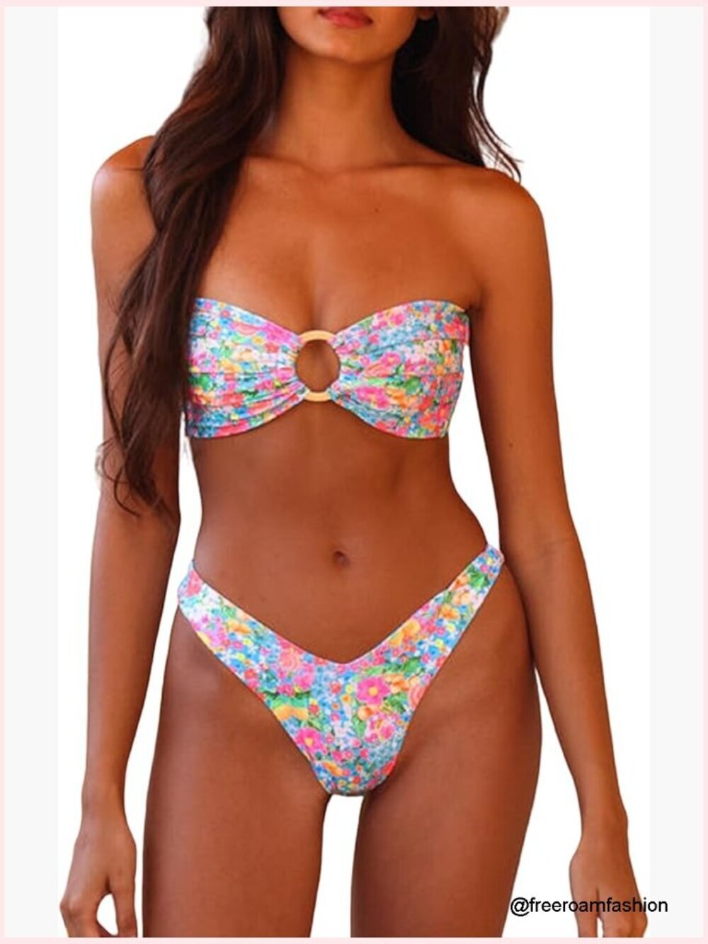 Strapless Bikini Set with Floral Print, Polyester Blend, Sizes S-M-L